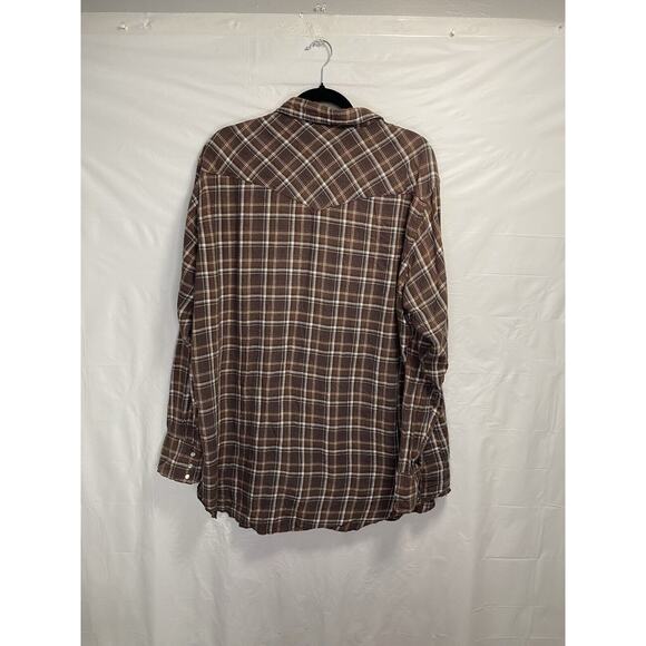 Vintage Wrangler Flannel Pearl Snap Mens 2XL Brown Plaid Rancher Flap Pocket 80s - Picture 2 of 3